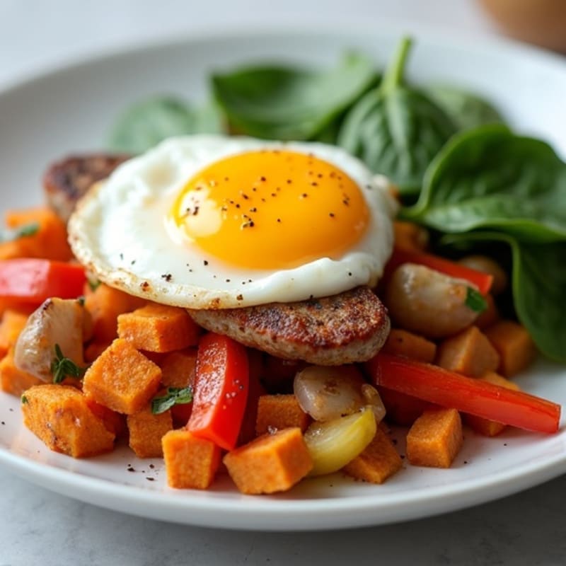 Healthy Poached Eggs with Crispy Sweet Potato Hash