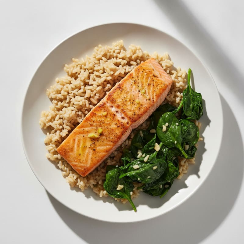 Seared Salmon with Garlic Spinach and Steamed Brown Rice