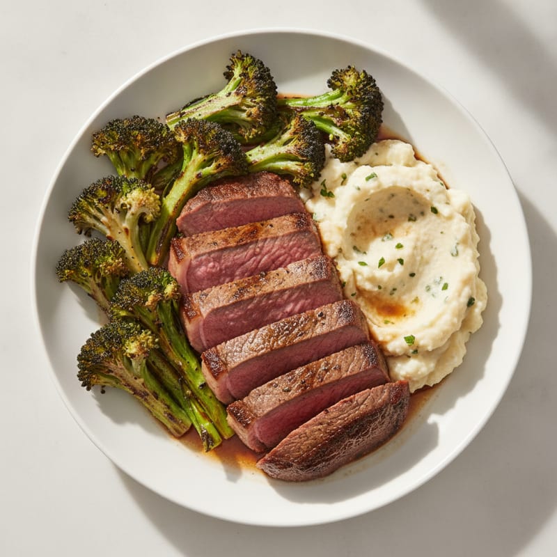 Seared Sirloin Steak with Roasted Broccoli and Cauliflower Mash