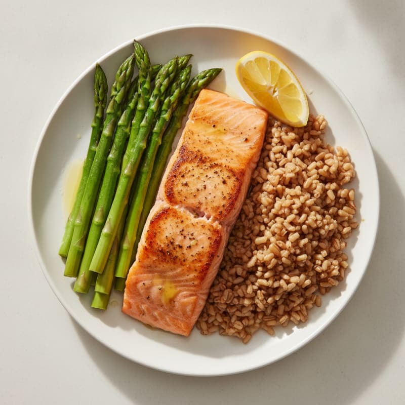 Seared Salmon Fillet with Steamed Asparagus and Brown Rice