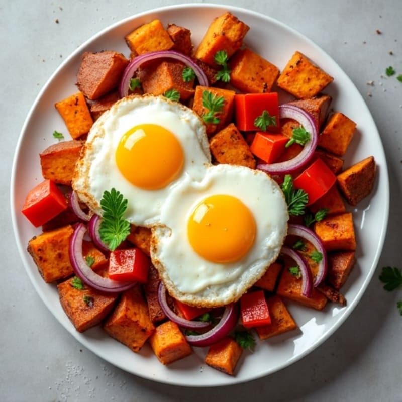 Quick Sheet Pan Sweet Potato Hash with Fried Eggs