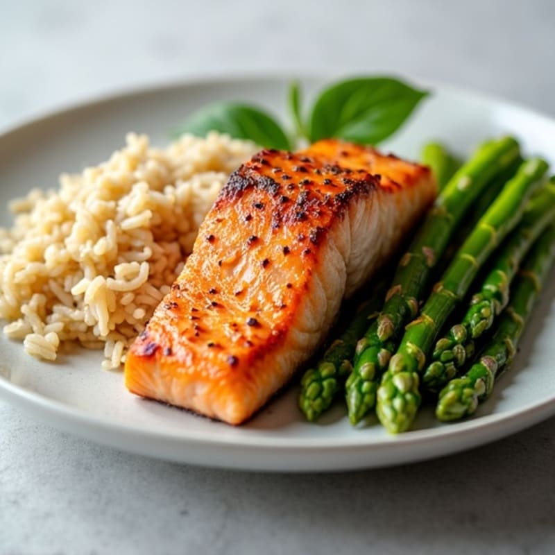 Seared Salmon Fillet with Steamed Asparagus and Brown Rice