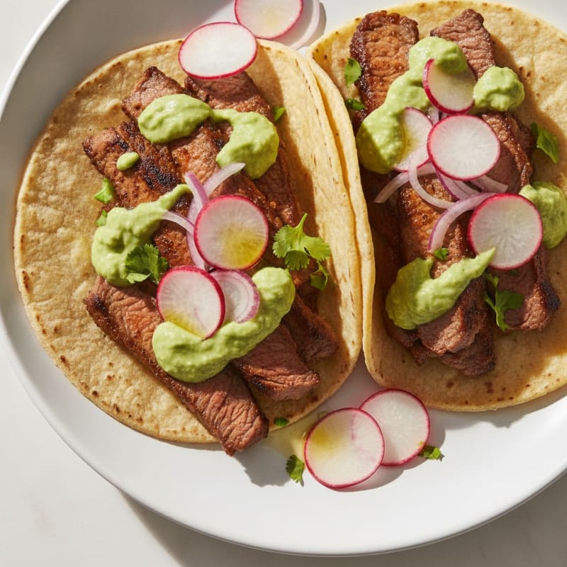 Carne Asada Tacos with Avocado Crema