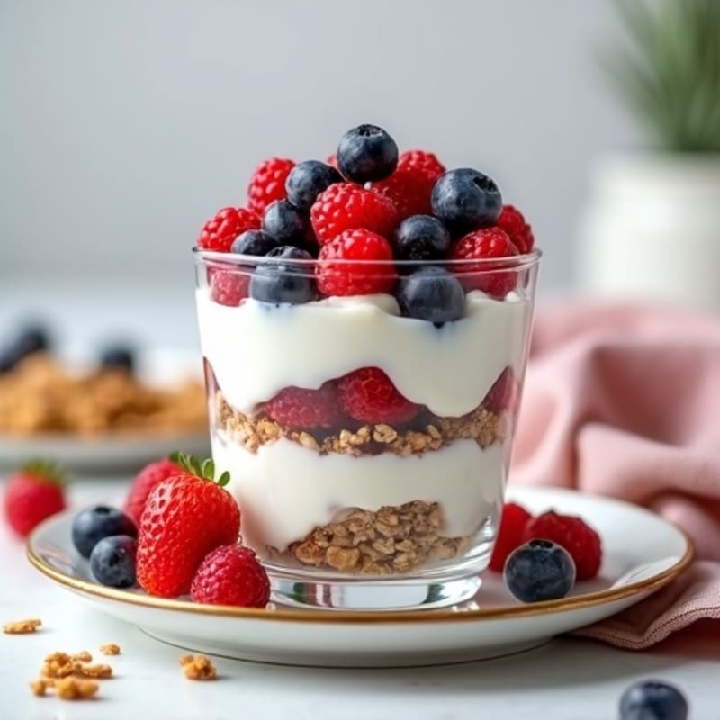 Creamy Greek Yogurt Parfait with Mixed Berries and Crunchy Almond Granola