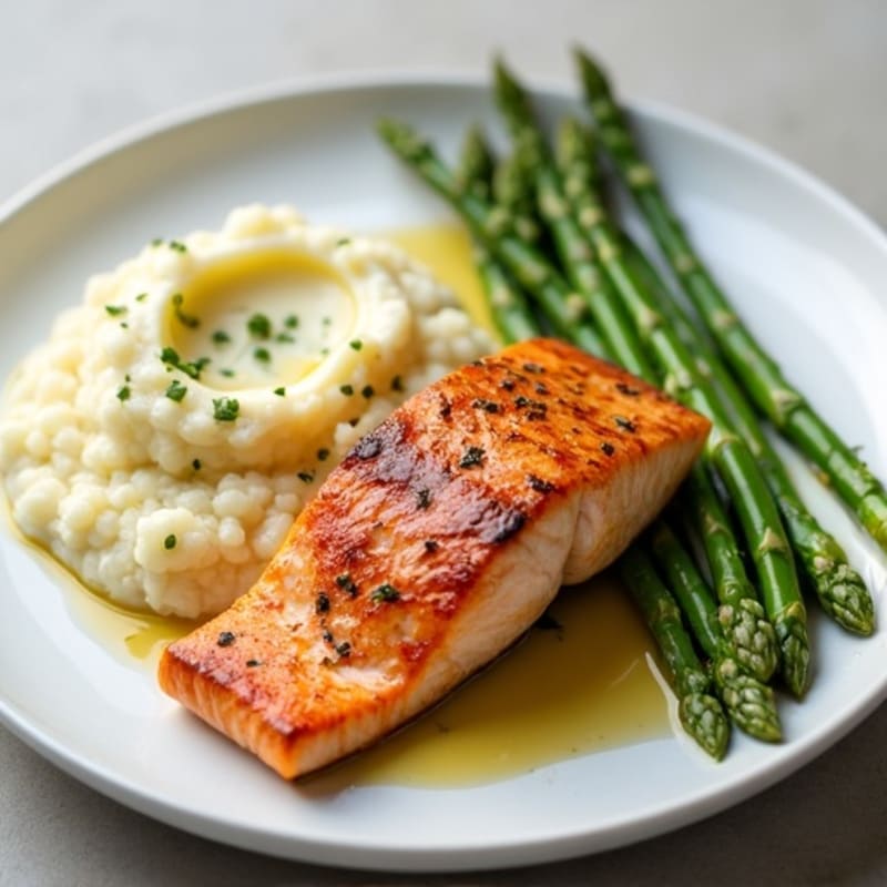 Seared Salmon Fillet with Steamed Asparagus and Garlic Mashed Cauliflower