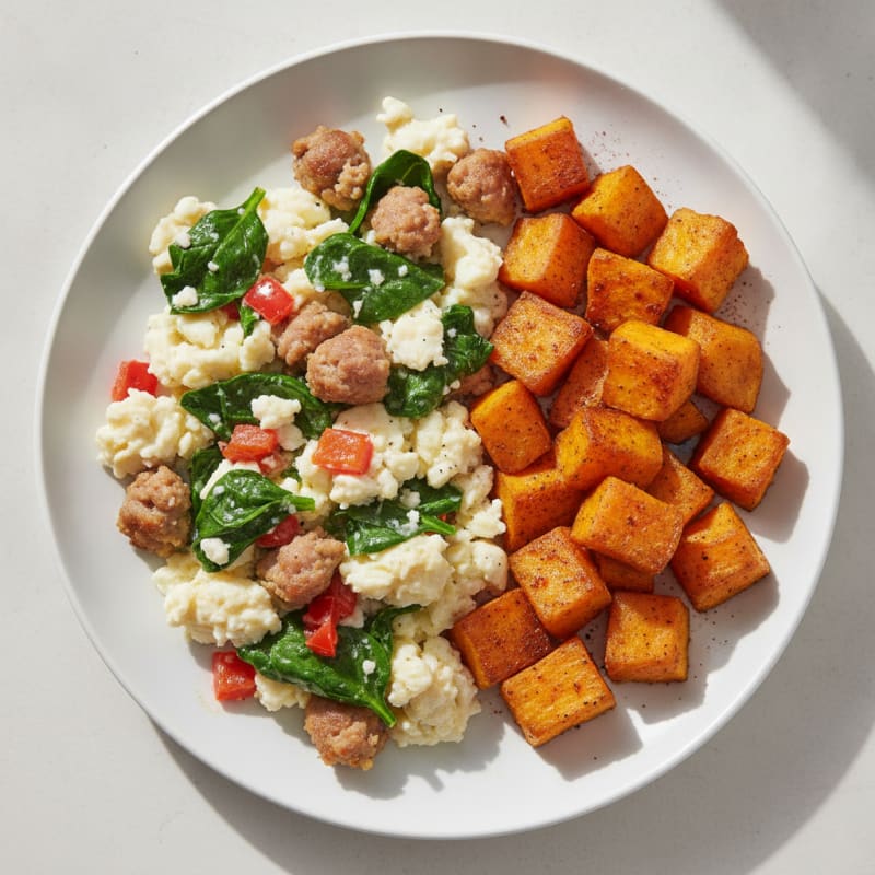 Egg White and Turkey Sausage Scramble with Roasted Sweet Potatoes