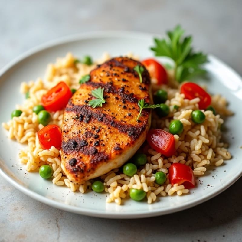 Tender Spiced Chicken and Rice with Fresh Bell Peppers and Peas