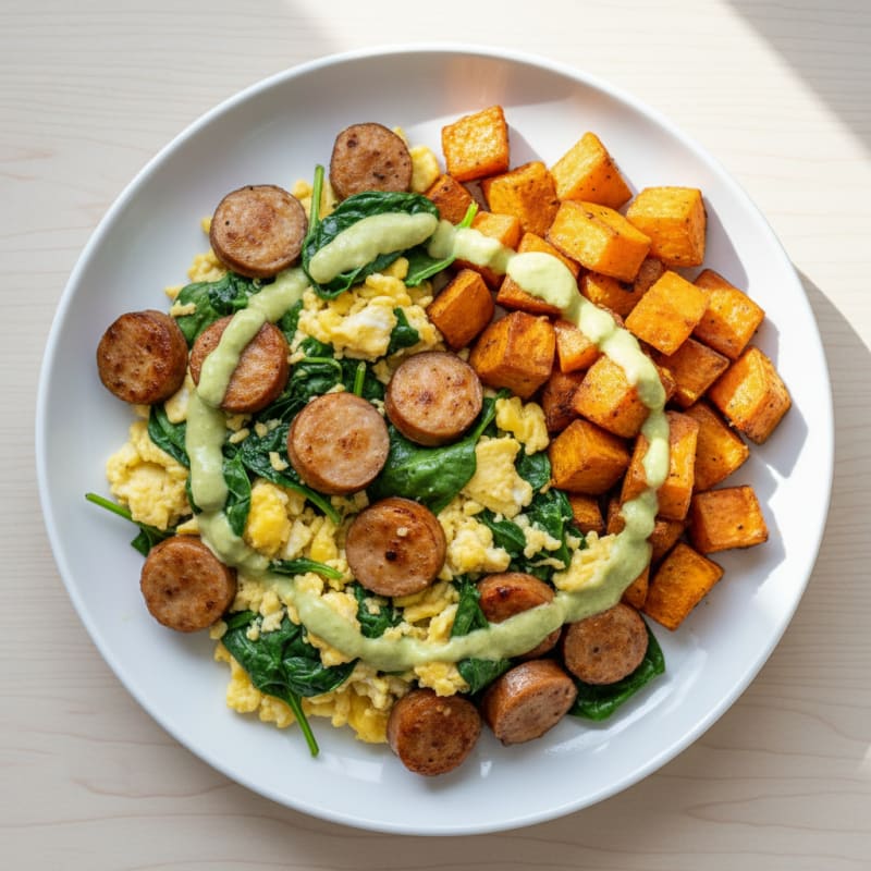 Chicken Sausage and Spinach Scramble with Sweet Potato