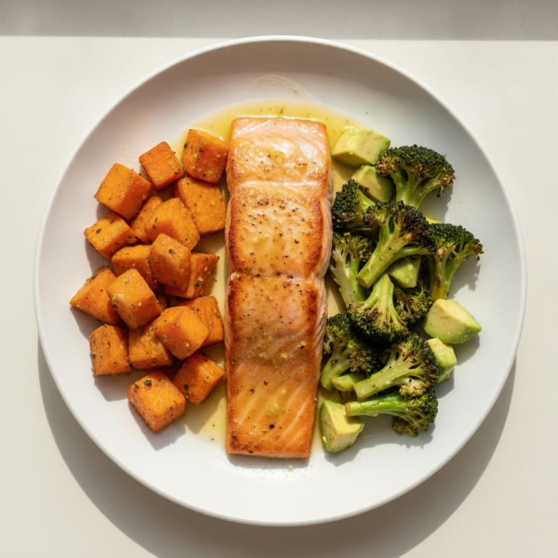 Seared Salmon with Roasted Sweet Potato and Broccoli