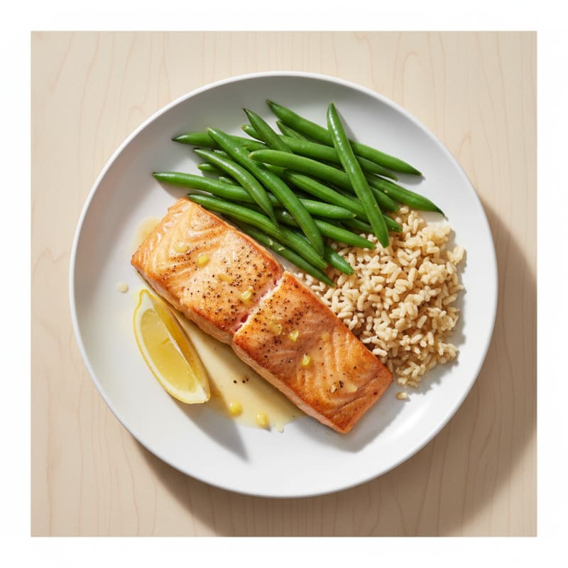 Seared Salmon Fillet with Steamed Green Beans and Brown Rice