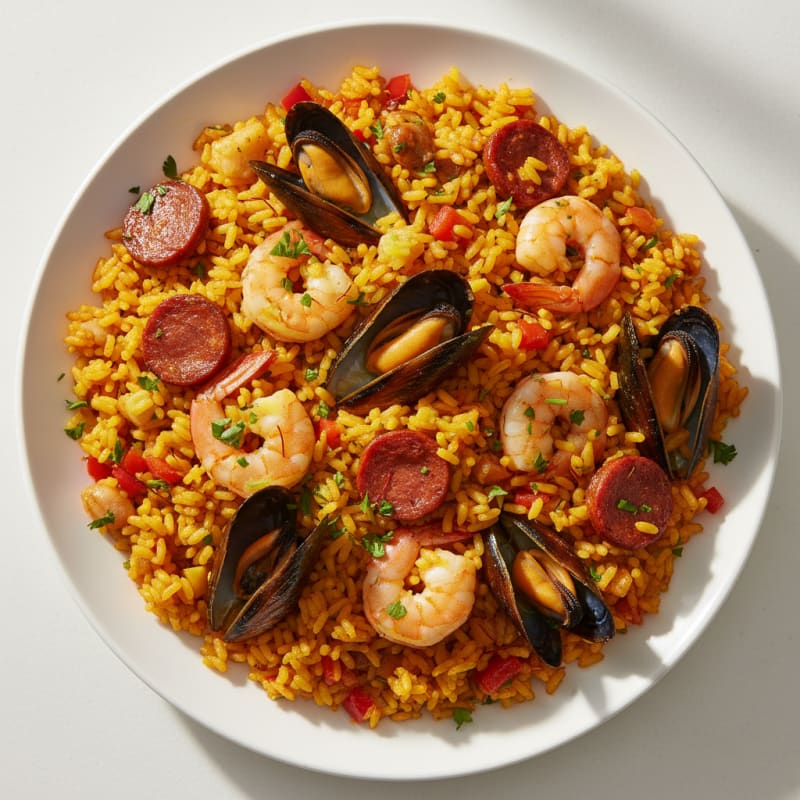 Saffron Seafood Paella with Chorizo