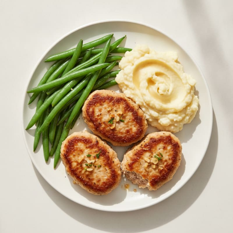 Seared Turkey Patties with Steamed Green Beans and Mashed Cauliflower