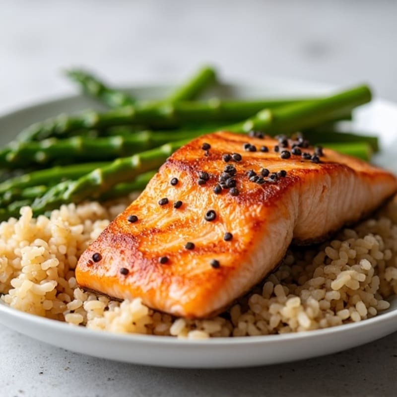 Seared Salmon Fillet with Steamed Asparagus and Brown Rice