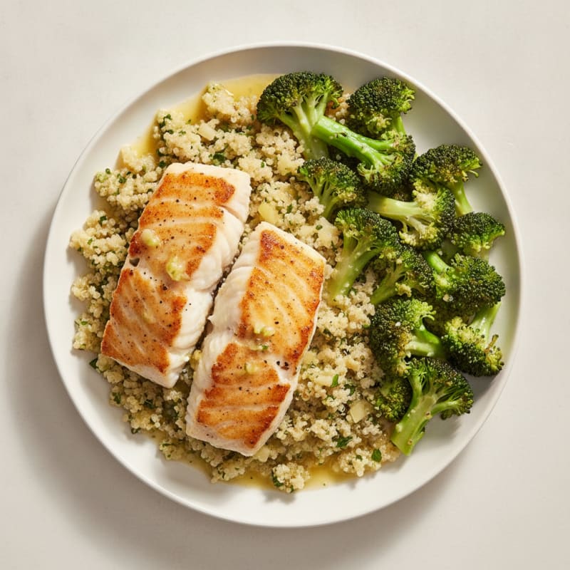 Seared Cod with Steamed Broccoli and Lemon-Garlic Quinoa
