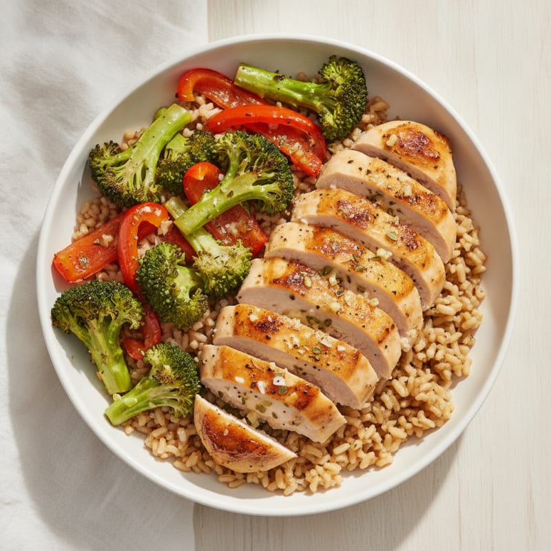 Lemon Herb Roasted Chicken and Brown Rice Bowl