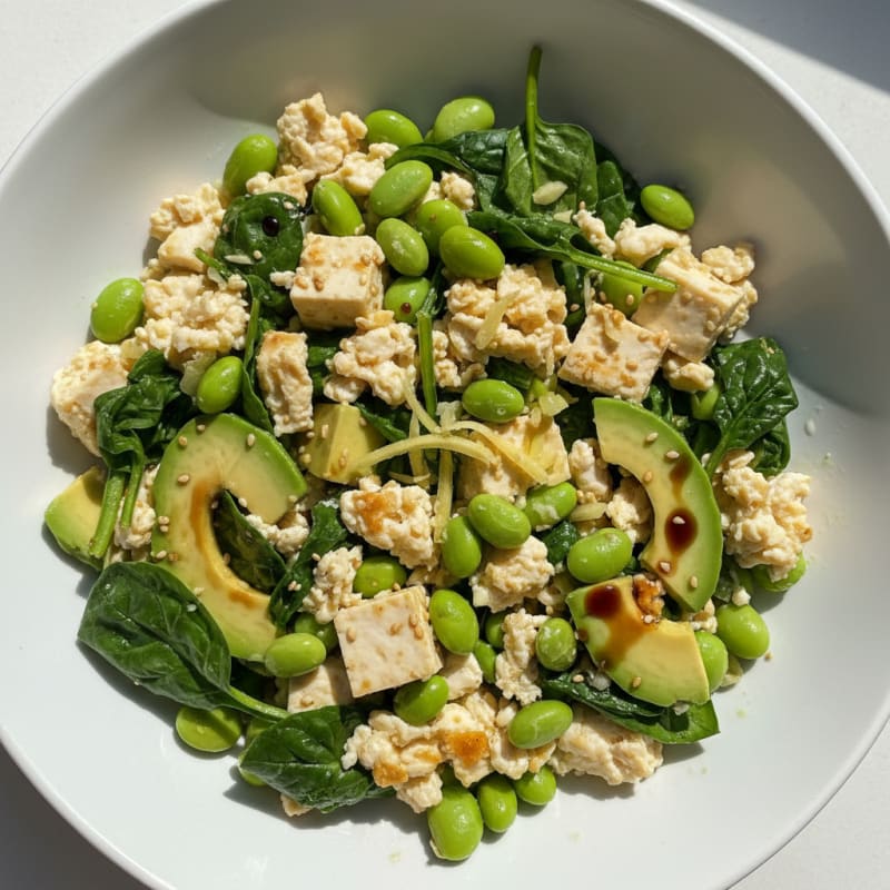 Egg White Scramble with Silky Tofu, Spinach and Edamame