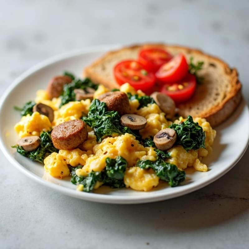 Egg White and Turkey Sausage Scramble with Spinach, Mushrooms, and Toast