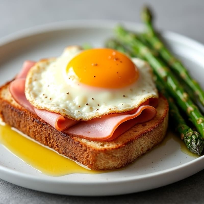 Crispy Whole Grain Ham and Swiss Open-Faced Melt with Roasted Asparagus