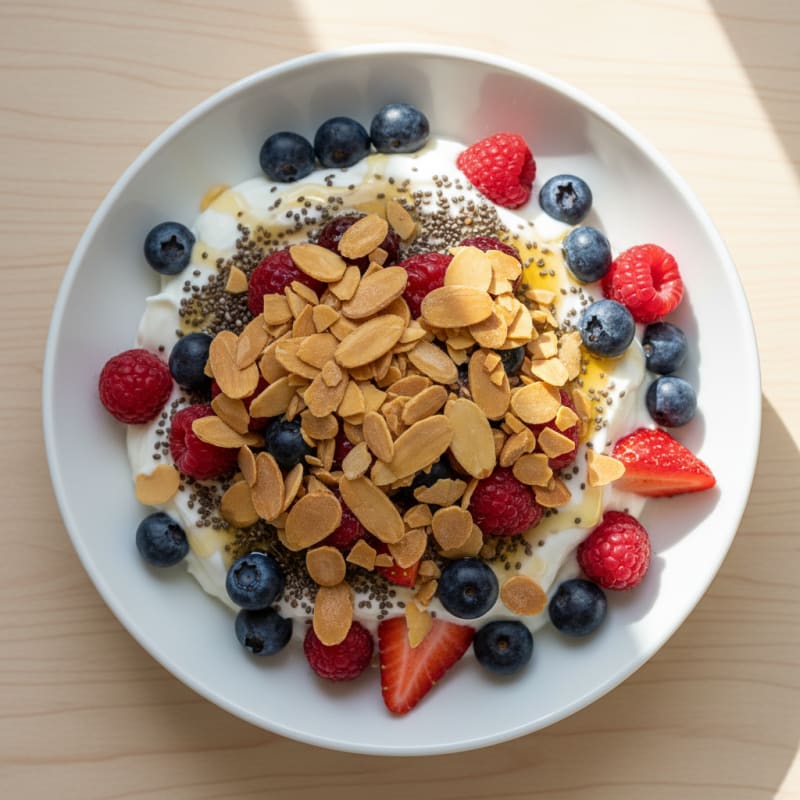 Creamy Greek Yogurt Parfait with Chia, Almonds, and Mixed Berries