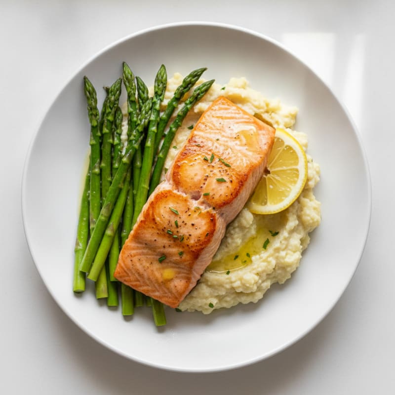 Seared Salmon with Steamed Asparagus and Garlic Cauliflower Mash