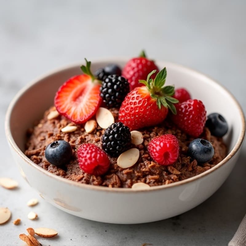 Baked Chocolate Protein Oatmeal with Fresh Berries and Crunchy Almonds