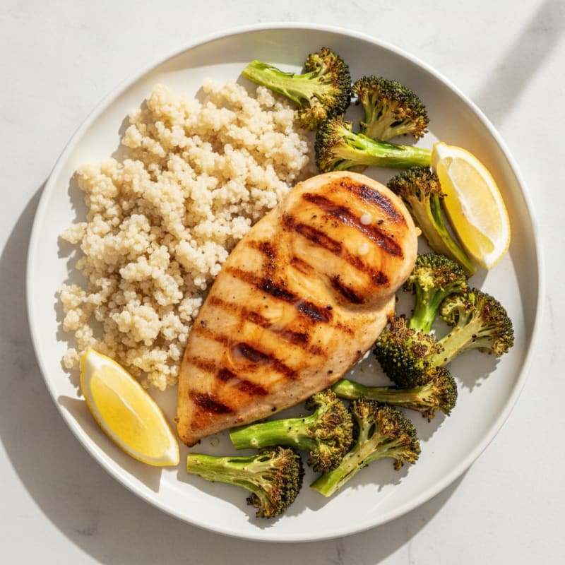 Grilled Chicken Breast with Roasted Broccoli and Quinoa