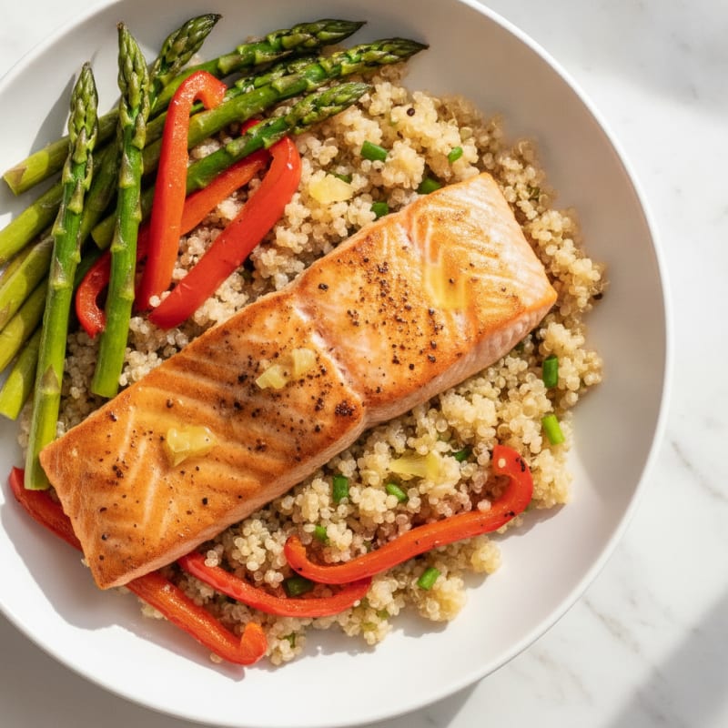 Seared Salmon Bowl with Roasted Asparagus, Quinoa, and Bell Peppers