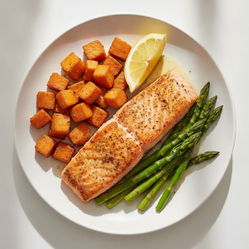 Seared Salmon Fillet with Roasted Sweet Potatoes and Asparagus