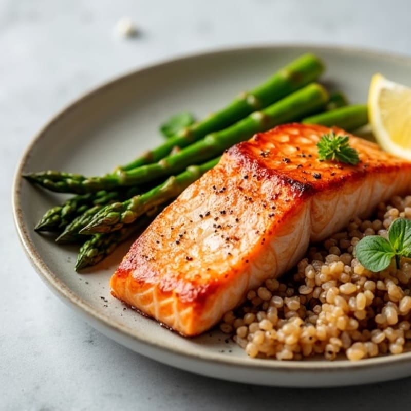 Seared Salmon with Steamed Asparagus and Brown Rice