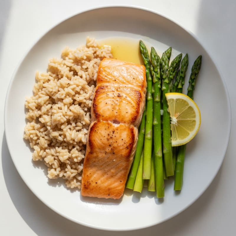 Seared Salmon with Steamed Asparagus and Brown Rice
