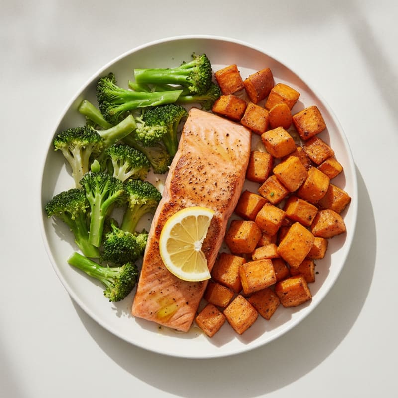 Seared Salmon with Roasted Sweet Potatoes and Steamed Broccoli