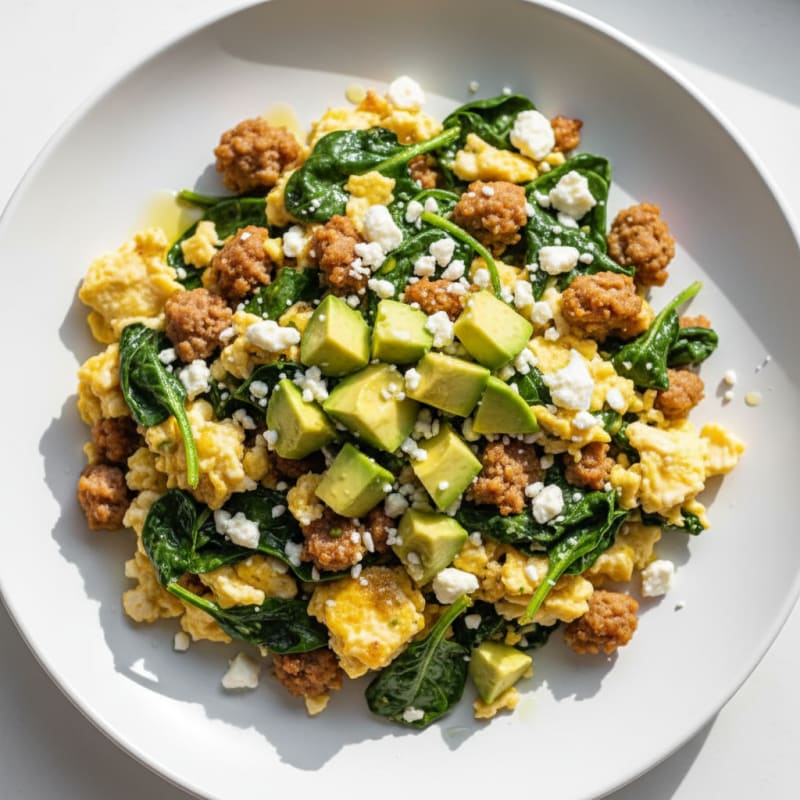 Egg White and Turkey Sausage Scramble with Spinach and Feta