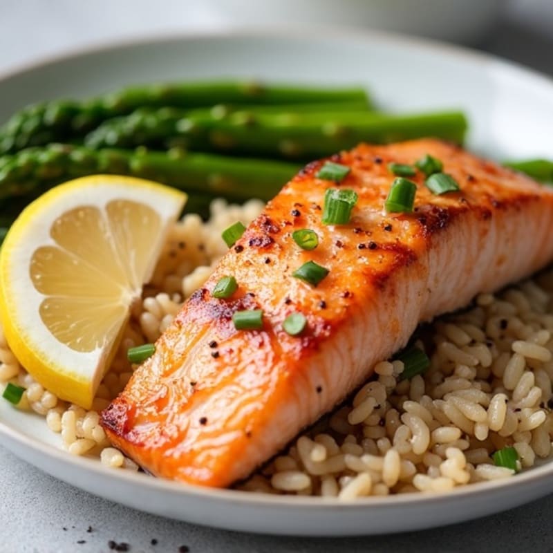 Seared Salmon with Brown Rice and Steamed Asparagus