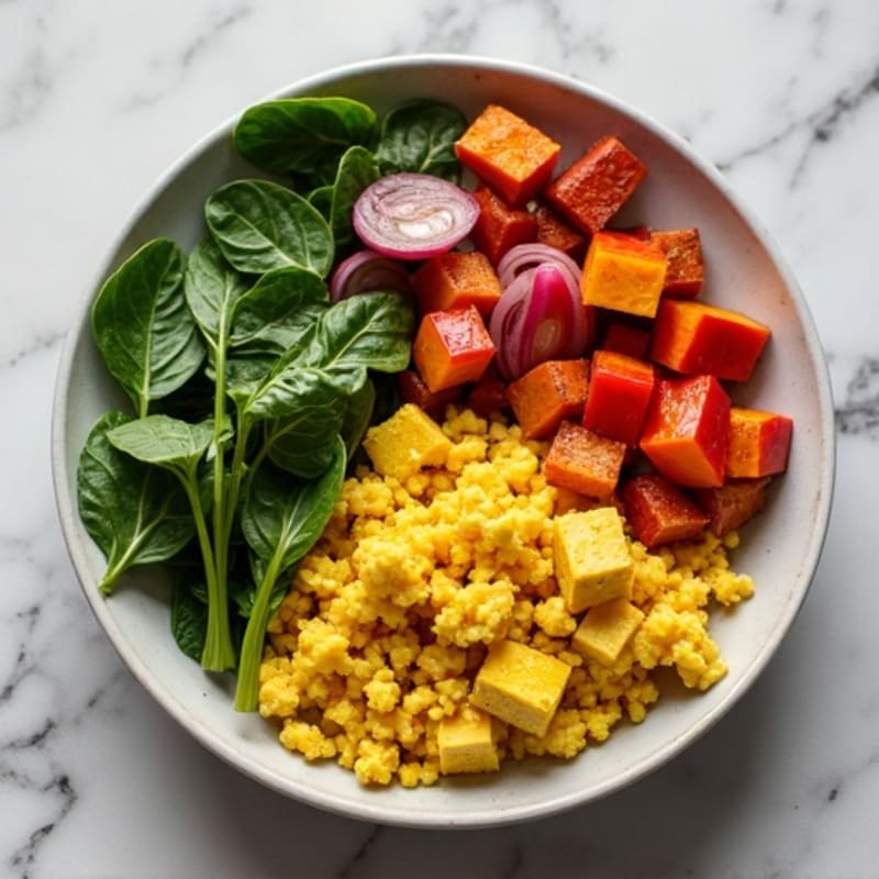 Hearty Turmeric Tofu Scramble with Roasted Sweet Potatoes and Greens