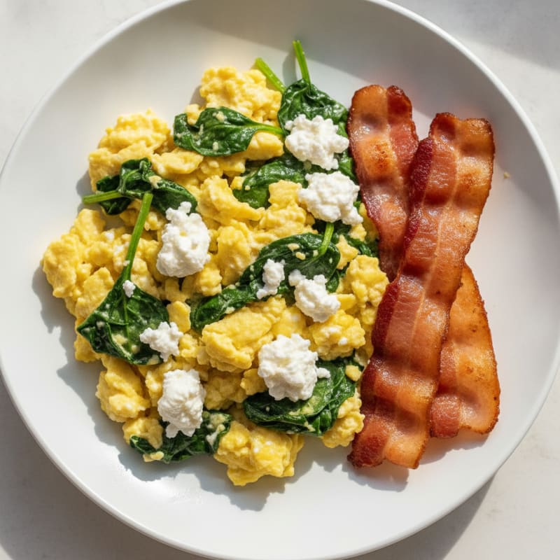 Cottage Cheese Egg Scramble with Spinach and Turkey Bacon