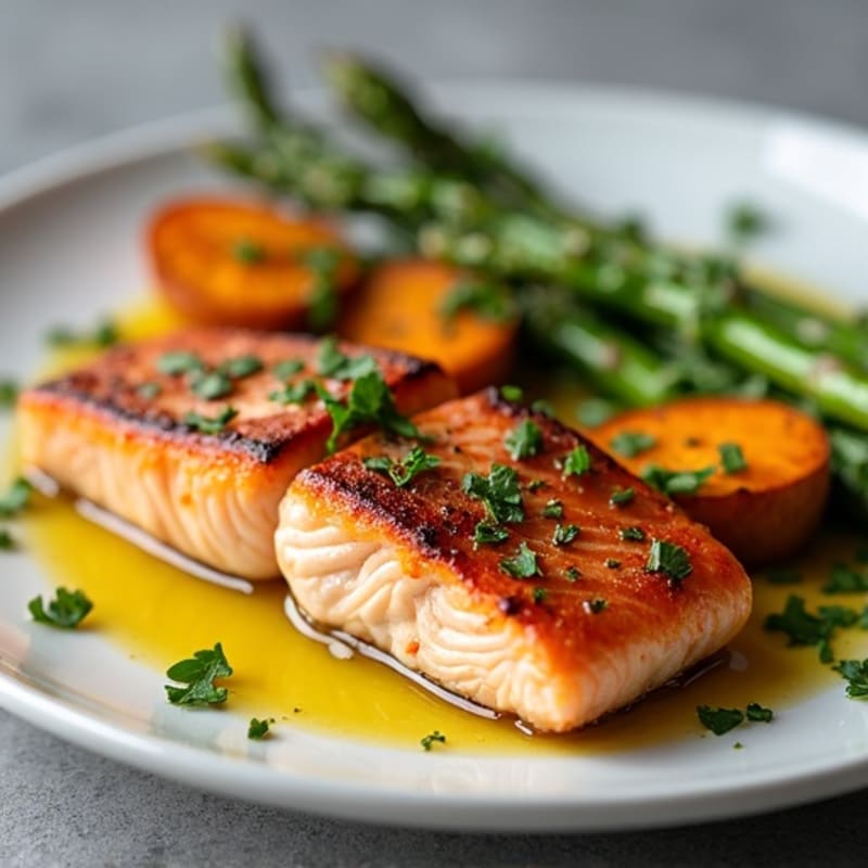 Seared Salmon with Roasted Sweet Potato and Asparagus
