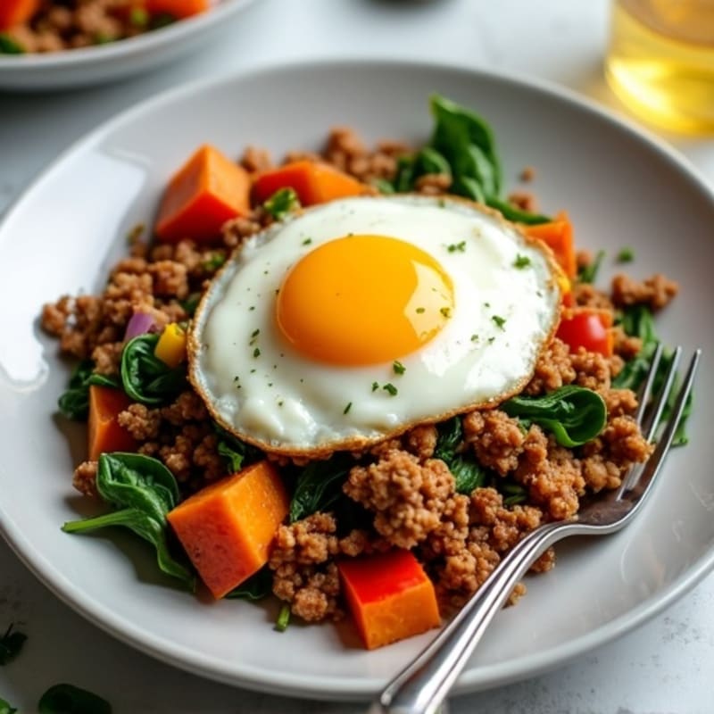 Lean Ground Turkey Skillet with Crispy Sweet Potatoes and Fresh Greens