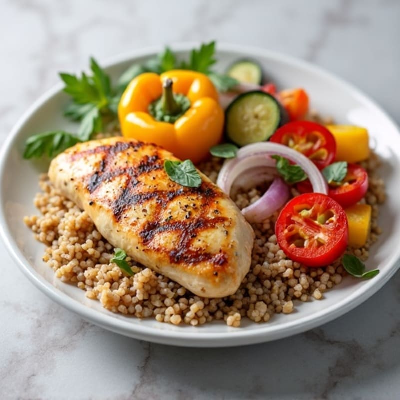 Grilled Chicken Breast with Roasted Vegetables and Brown Rice