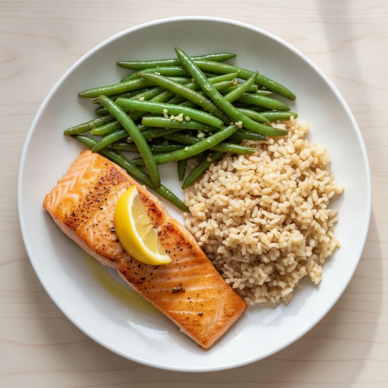 Seared Salmon with Garlic Green Beans and Brown Rice