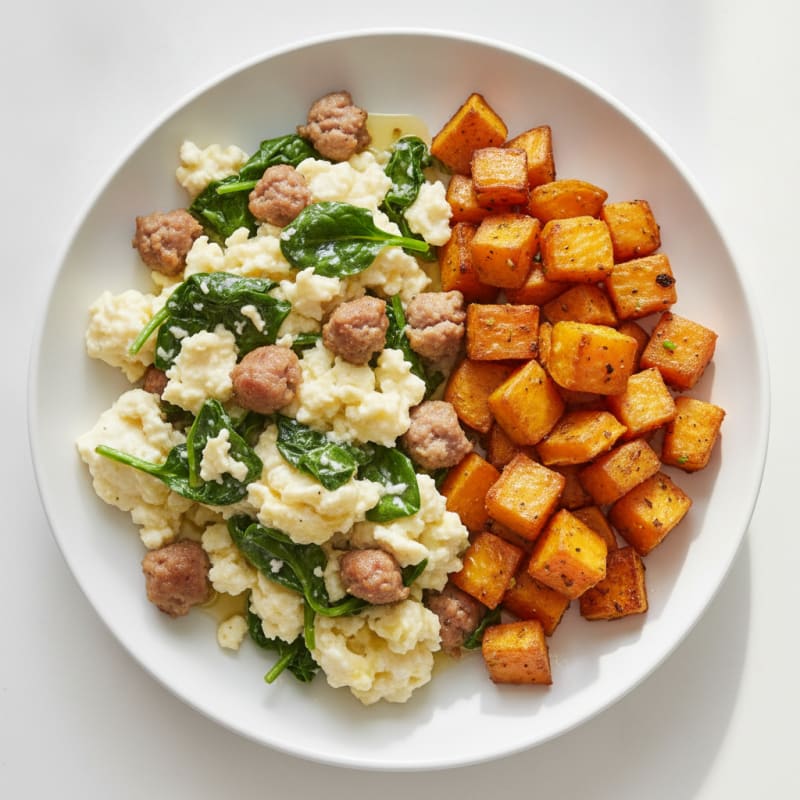 Egg White and Turkey Sausage Scramble with Spinach and Roasted Sweet Potatoes