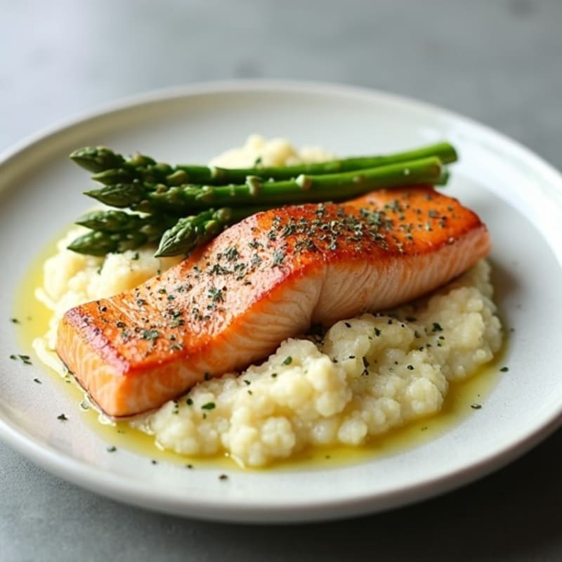 Seared Salmon with Steamed Asparagus and Cauliflower Mash