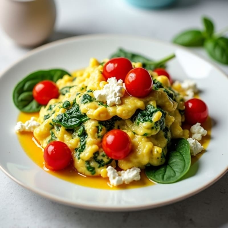 Egg White Spinach Scramble with Cottage Cheese and Cherry Tomatoes