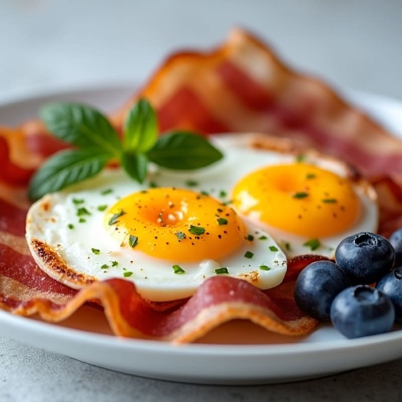 Hard-Boiled Eggs with Crispy Pork Bacon and Fresh Blueberries