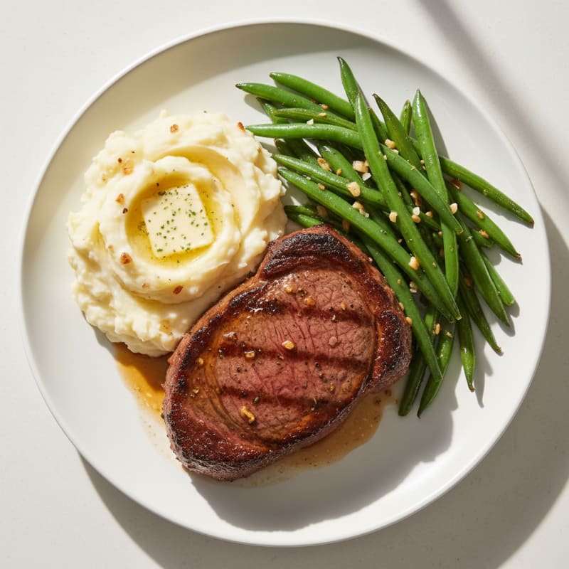 Seared Sirloin Steak with Garlic Mashed Potatoes and Sautéed Green Beans