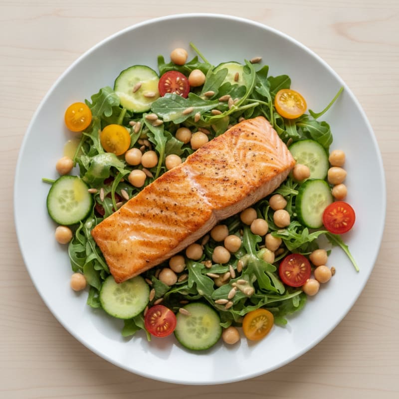 Grilled Salmon Salad with Chickpeas and Fresh Greens