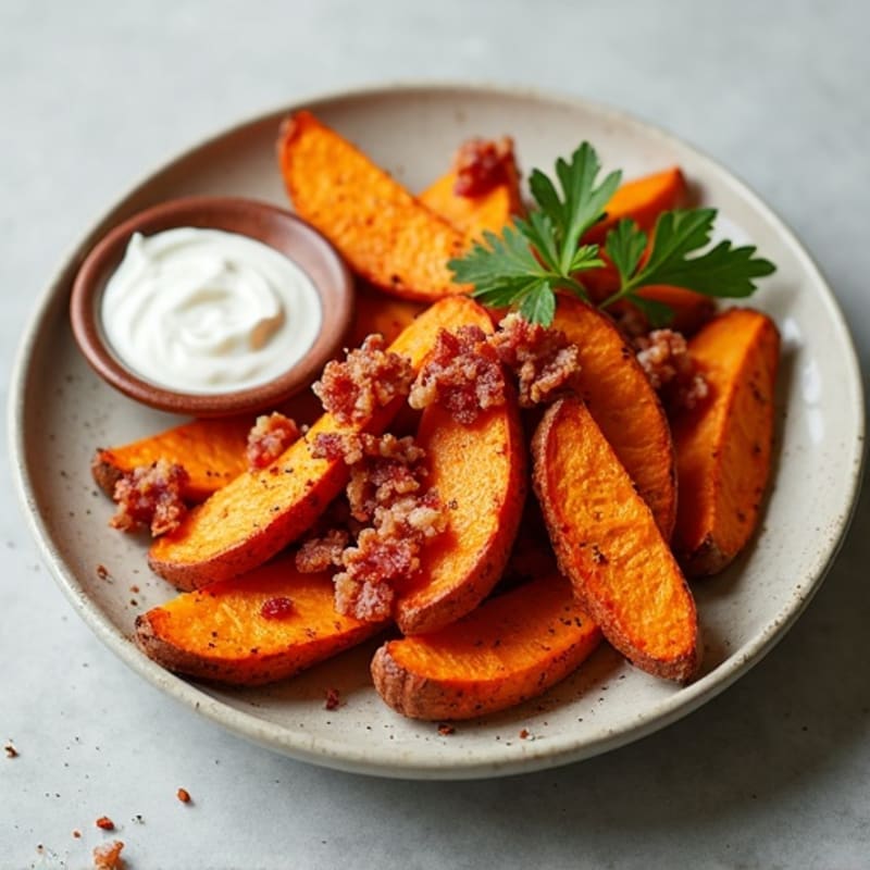 Crispy Sweet Potato Wedges with Turkey Bacon Crumbles