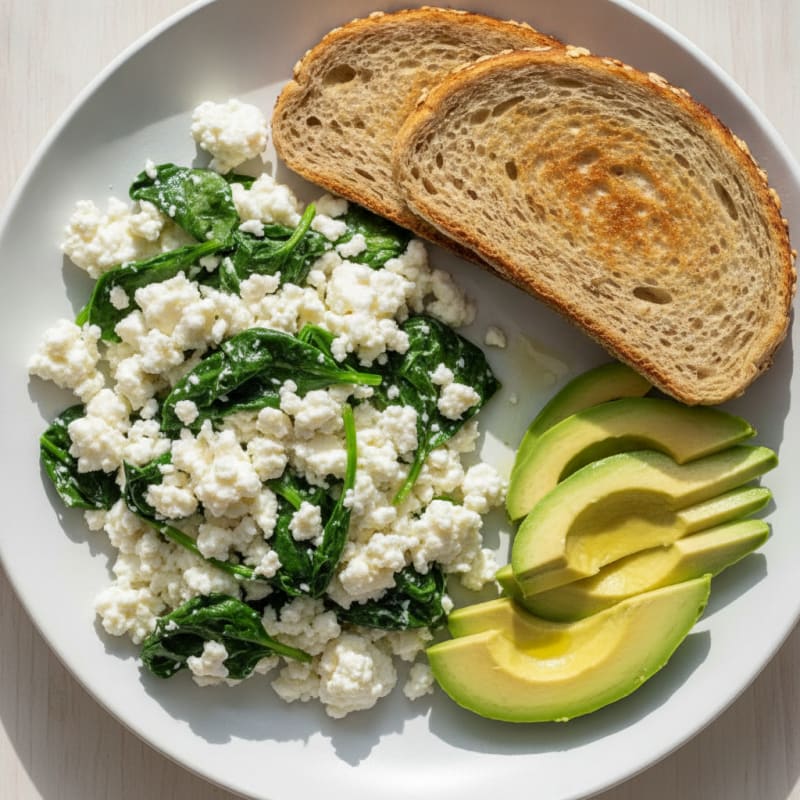 Cottage Cheese and Egg White Scramble with Sautéed Spinach
