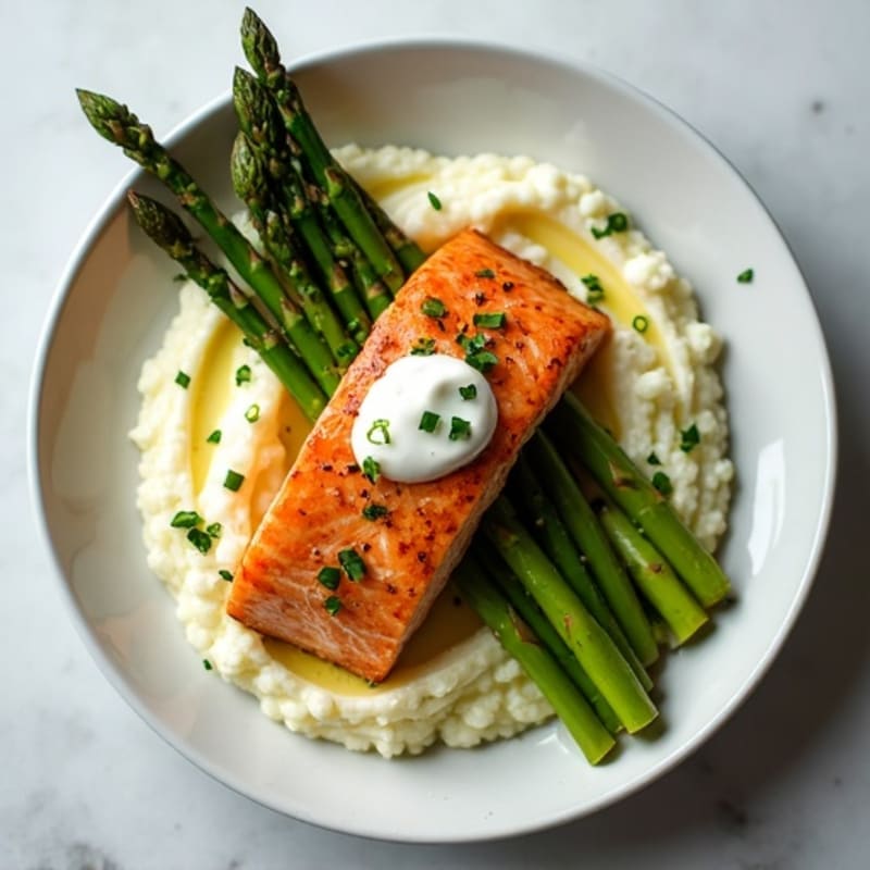 Seared Salmon with Steamed Asparagus and Cauliflower Mash