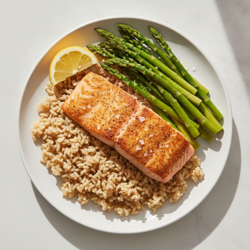 Seared Salmon with Steamed Asparagus and Brown Rice