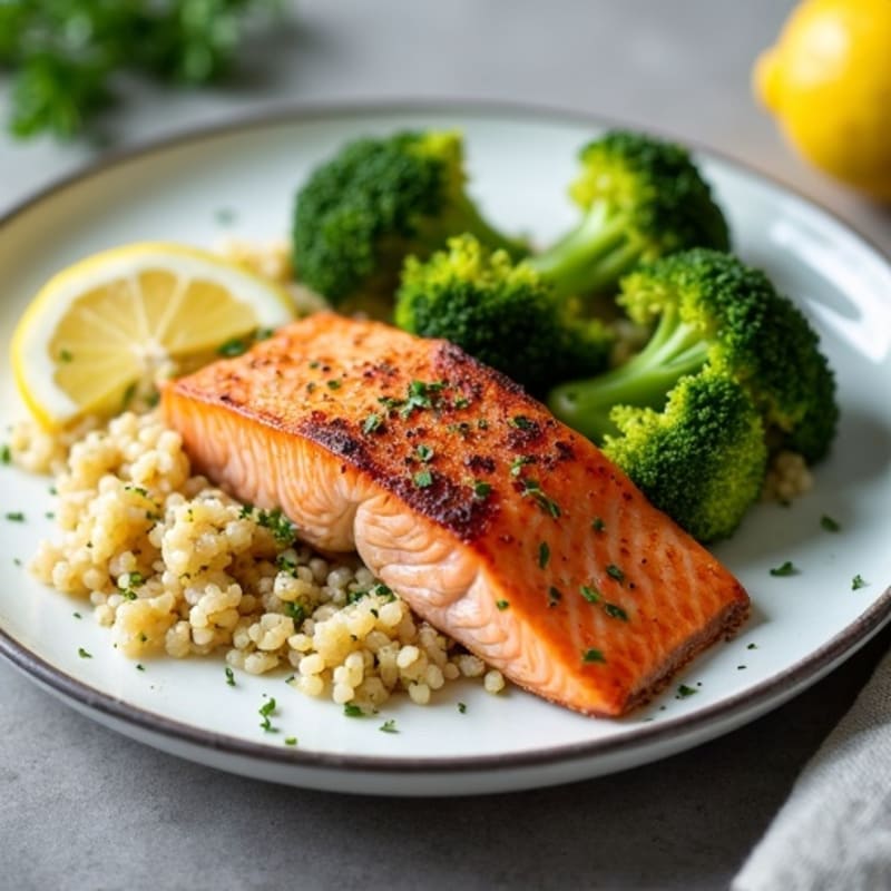 Seared Salmon with Roasted Broccoli and Quinoa